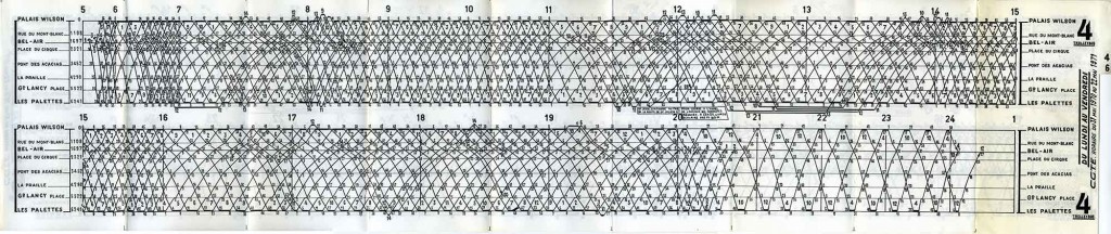Ci-dessous, graphique horaire de la ligne 4, du lundi-vendredi, valable 31 mai 1970 au 22 mai 1971. Source Coll. "Diwabus949"