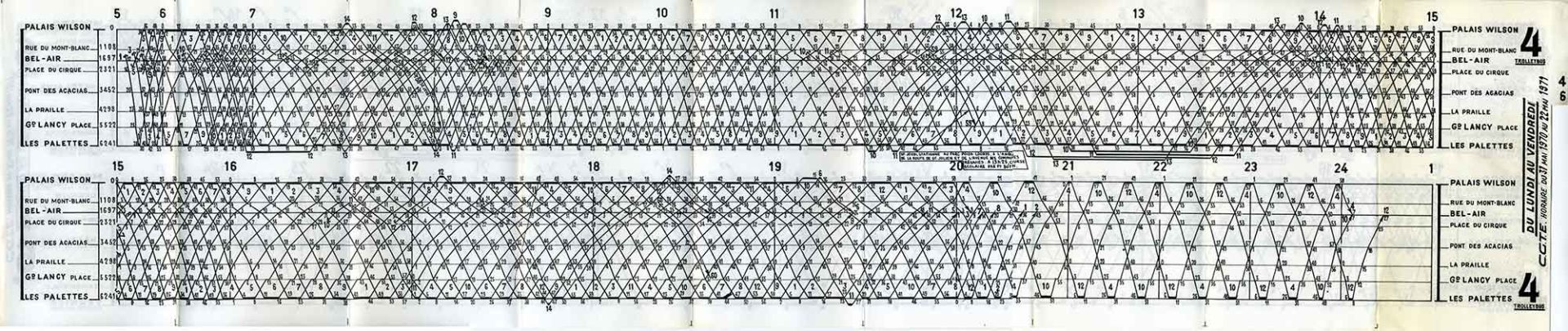 Ci-dessous, graphique horaire de la ligne 4, du lundi-vendredi, valable 31 mai 1970 au 22 mai 1971. Source Coll. "Diwabus949"