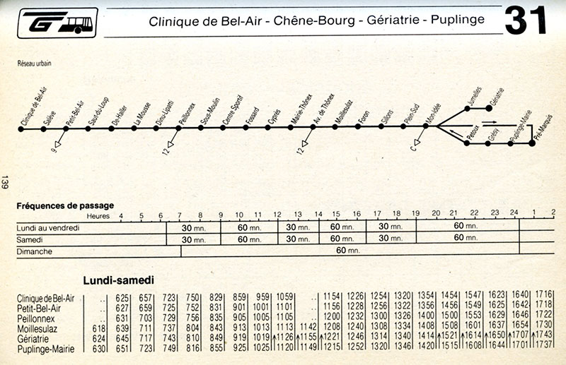 Horaire de la ligne 31 du 24 septembre 1989 - Collection SNOTPG