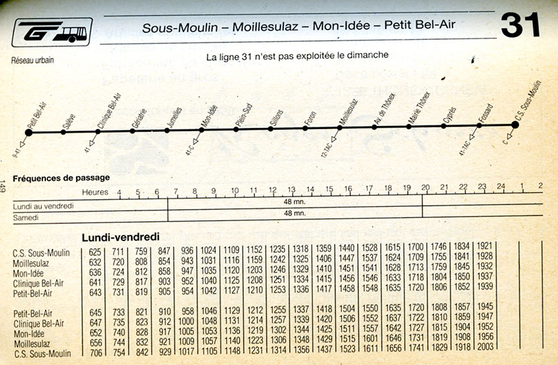 Horaire de la ligne 31 du 25 septembre 1994 - Collection SNOTPG